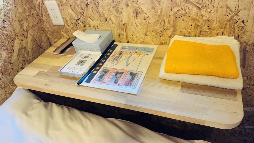 ゲストハウス「バイクヤノニカイ」室内に置かれたタオルとティッシュ